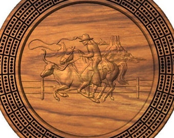 Western Rodeo Steer Roping cowboy Cribbage board with pegs