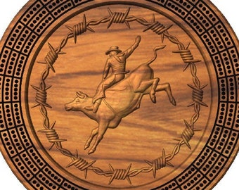 Western Rodeo bull Riding cowboy Cribbage board with pegs