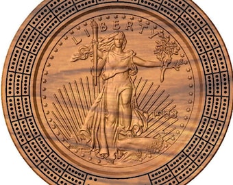 Saint-Gaudens twenty dollar gold coin Cribbage board with pegs