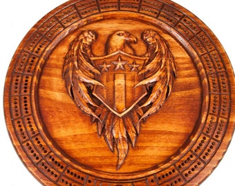 Cribbage Board With 3d Relief Carved Eagle With Shield Comes With Pegs