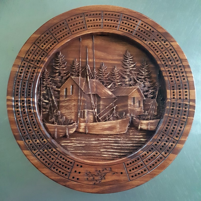 Fishing Village Cribbage Board 3d Relief Carved And Pegs image 1