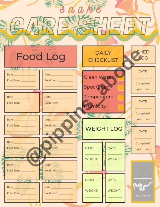 Digital Snake Meal Tracker Planner Care Sheet Shed / Weight Log - Etsy