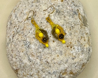 Handmade Free Form Peyote Bead Woven Yellow Bronze Dangling Glass Seed Bead Earrings Bead Work Artistic Womens Jewelry