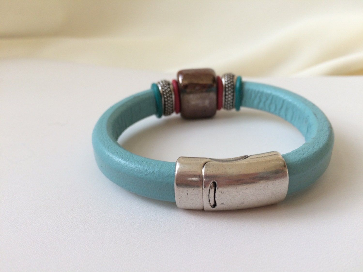Handmade Leather Bracelet Aqua Color Antique Silver Etsy