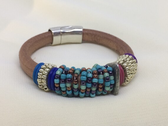 Handmade Tan Leather Bracelet With Seed Beads In Turquoise - How To Make A Leather Bracelet With Magnetic Clasp Handmade Tan Leather Bracelet With Seed Beads In Turquoise - How To Make A Leather Bracelet With Magnetic Clasp