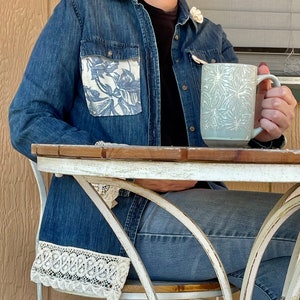 XL Ladies Refashioned Blue Jean Shirt featuring Crocheted Lace and Blue Floral Toile