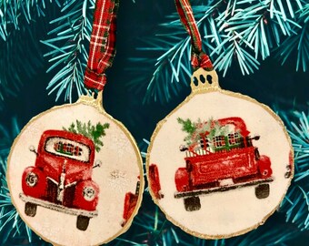 Red Truck Christmas Ornaments, Outlined in Red Chalk Paint and Liquid Gold Leaf with Medium & Small Plaid Ribbon Hangers. 7.99 each