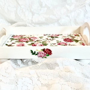 Charming White, Faux Leather Rose & Pearl Mini Wood Vanity Tray