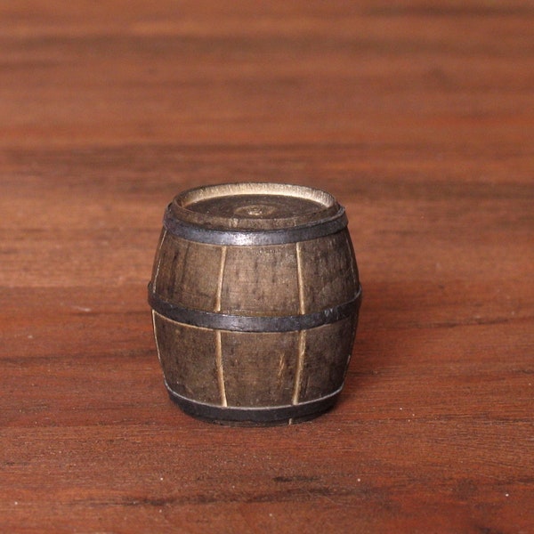 Rustic Miniature Wooden Barrel with Metal Rings for Your Dollhouse