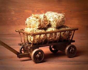 May include: A small, dark brown wooden wagon with four wheels and a long handle, carrying several rectangular bales of dried golden-yellow hay tied with thin twine. The wagon features a slatted side design and a rustic, natural wood finish.