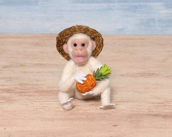White Needle-Felted Miniature Chimpanzee