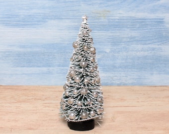 Decorative Miniature Christmas Tree in Silver on Wooden Stand for your Dollhouse