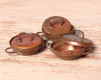 Old Trimmed Miniature Copper Pan with Lid for Your Dollhouse