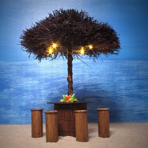 Illuminated Tropical Miniature Beach Bar Table Set for Your Dollhouse