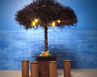 Illuminated Tropical Miniature Beach Bar Table Set for Your Dollhouse