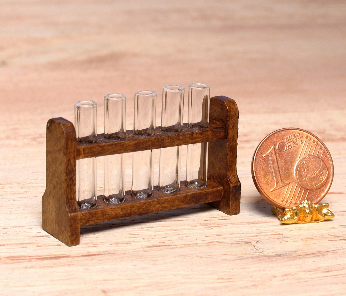 Miniature Test Tube Set With Wood Rack - Colorful Glass Tubes For Dollhouse Lab Decor, 1/12 Scale