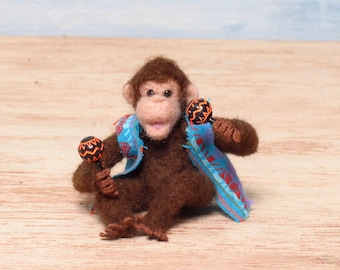 Maracas Playing Needle-Felted Miniature Monkey