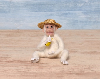 Banana-eating white Needle-Felted Miniature Chimpanzee