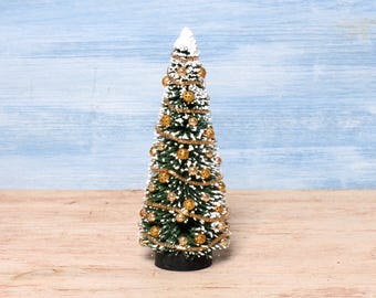 Decorative Miniature Christmas Tree in Gold on Wooden Stand for your Dollhouse