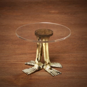 May include: A small decorative table featuring a clear circular acrylic top supported by a central base designed to resemble two human skeletal legs and feet. The base is off-white with dark brown weathering details and a small circular wooden top.