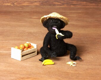 Black Needle-Felted Miniature Chimpanzee