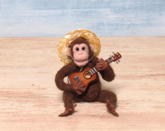 Guitar-Playing Needle-Felted Miniature Chimpanzee
