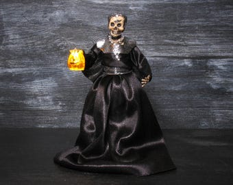 Miniature Skeleton Party Girl "Lady Black" with Illuminated Pumpkin