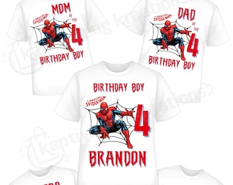 May include: Five white t-shirts with a Spiderman graphic and the text "The Amazing Spiderman" on each shirt. The shirts are for a family with the text "Mom of the 4 Birthday Boy", "Dad of the 4 Birthday Boy", "Bro of the 4 Birthday Boy", "Sis of the 4 Birthday Boy", and "Birthday Boy Brandon".