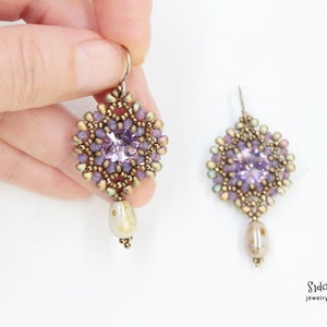 Bezeled Rivolis Earrings Pattern TUTORIAL - 12mm rivolis, seed beads and 3mm bicones, embellished with drop beads - Beaded Marquise Earrings