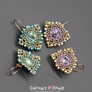 May include: Four pairs of beaded earrings with a square shape and a crystal in the center. The earrings are in shades of purple, green, and gold.