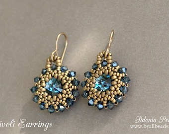 Beaded Rivoli Earrings Tutorial - Blue Crystal Earrings - PDF Beading Pattern - Digital Download