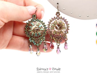 Earrings Beading TUTORIAL with Half Tilas, 12mm Rivolis, seed beads and 3mm bicones - Agatha's Chandelier Beaded Earrings Pattern