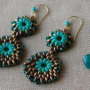 May include: A pair of dangle earrings with two turquoise and gold bead clusters on each earring. The earrings have gold hooks.