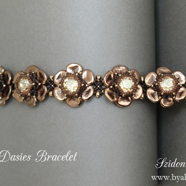 Czech Rose Petals Beaded Bracelet Tutorial - Precious Daisies Bracelet - Beading Pattern by Sidonia