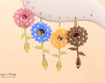 TUTORIEL Boucles d'oreilles fleurs en perles - Motif rivolis et rocailles - Tutoriel perles de fleurs de jardin