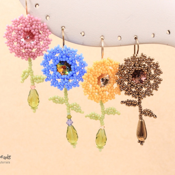 TUTORIAL Beaded Flowers Earrings - Rivolis and seed beads flower beading pattern - Garden Flowers Beading Tutorial