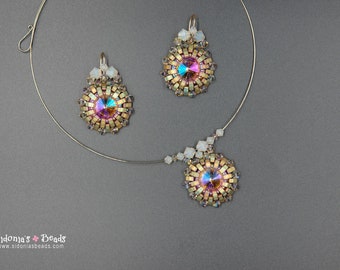 Beading Tutorial - Half Tilas Pendant Necklace and Earrings - Bezel 16mm rivoli using Half Tila Beads - Sunset Pendant and Earrings