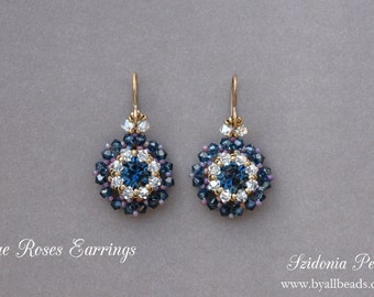 Tutorial de pendientes con cuentas - Pendientes de rosas azules - Chatons Swarovski con bisel de cuentas de 8 mm - Pendientes Swarovski - Patrón PDF