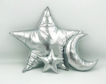 Silver/Gold star,moon and little star pillow set,nursery pillows,space nursery decoration,space,silver star,astrology theme,Metallic Cushion