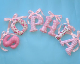 Fabric letters Shabby Chic pink , girl's room name wall decor -Baby Girl Name Wall Art, nursery letters pink, ribbon bow hanging, pet name