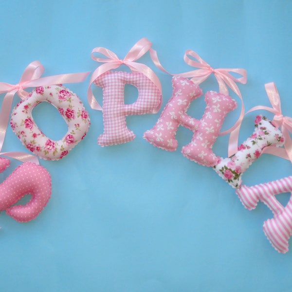 Fabric letters Shabby Chic pink , girl's room name wall decor -Baby Girl Name Wall Art, nursery letters pink, ribbon bow hanging, pet name