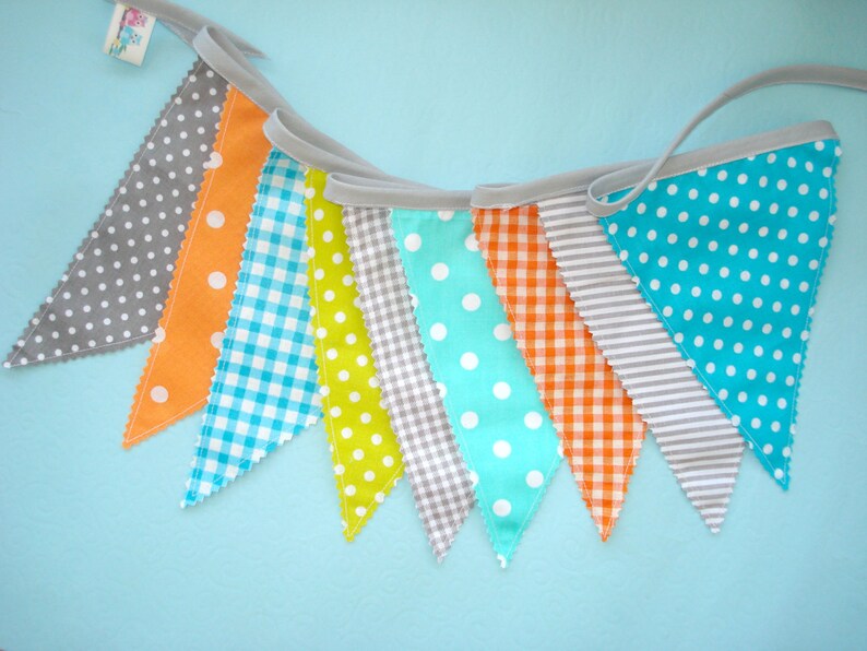 Bunting Banner Flags Gray Orange Teal Fabric Flags Baby Etsy