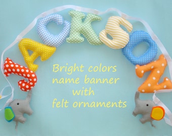 Fabric letters, Bright colors name banner with 2 elephants Yellow,Orange, Green,Blue, wall decor, elephant nursery, felt elephants for FREE