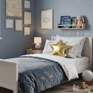 May include: A twin bed with a blue velvet comforter featuring gold celestial patterns, white star-print sheets, and decorative pillows including a gold star, a crescent moon, and a Gemini symbol. A wooden shelf holds books and a plush rabbit toy.