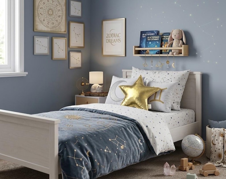 May include: A twin bed with a blue velvet comforter featuring gold celestial patterns, white star-print sheets, and decorative pillows including a gold star, a crescent moon, and a Gemini symbol. A wooden shelf holds books and a plush rabbit toy.