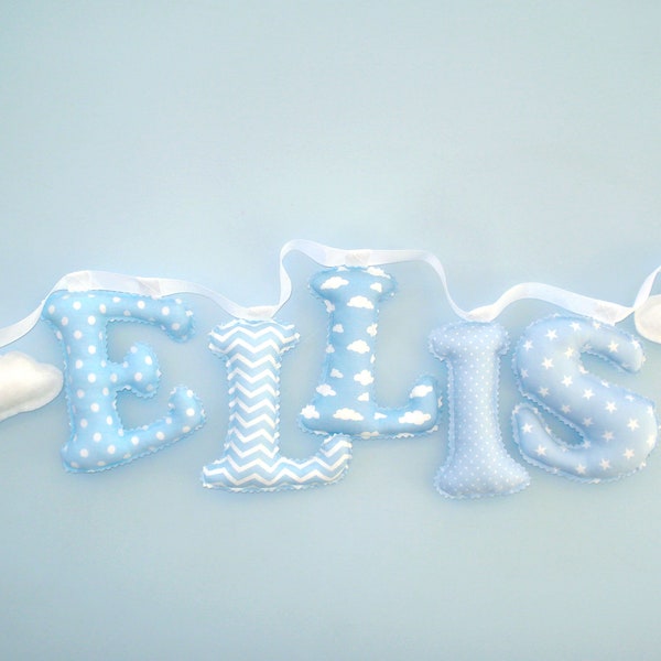 Name banner,baby blue ,Boy Name Wall Art,Fabric letters with felt clouds,kids room cloud decor,cloud ornaments for free