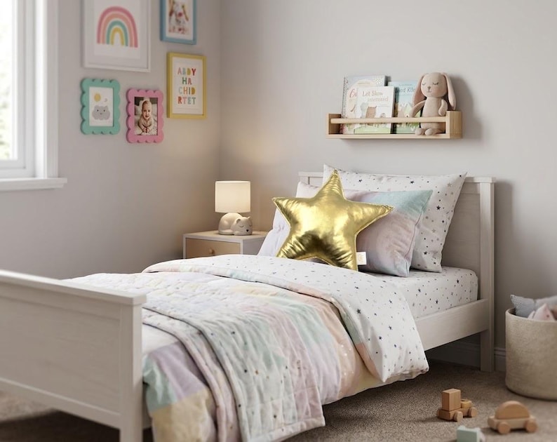 May include: A white wooden bed frame featuring a quilt with pastel stripes and a star-patterned sheet. A metallic gold star-shaped pillow rests on the bed alongside a plush rabbit toy on a wall-mounted shelf. A small lamp sits on a bedside table.