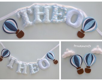 Name banner with hot air balloons, Boys/girls nursery Baby blue, baby boy wall decor, felt hot air ballons, ornaments for free