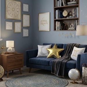 May include: A navy blue sofa with a gold star-shaped pillow, a moon-patterned pillow, and a Gemini-symbol pillow. A dark wood nightstand, a floor lamp, a round rug, a globe, and wall art featuring zodiac signs and the text ZODIAC DREAMS.