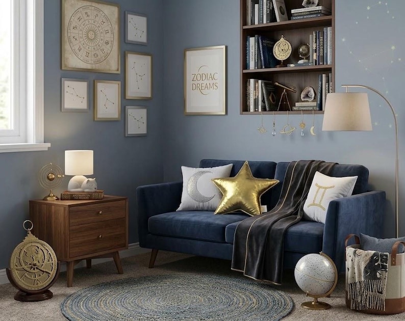 May include: A navy blue sofa with a gold star-shaped pillow, a moon-patterned pillow, and a Gemini-symbol pillow. A dark wood nightstand, a floor lamp, a round rug, a globe, and wall art featuring zodiac signs and the text ZODIAC DREAMS.